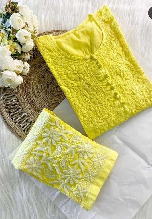 Yellow muslin thread work pant suit