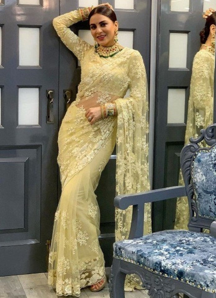 Yellow naylon mono net thread embroidered saree