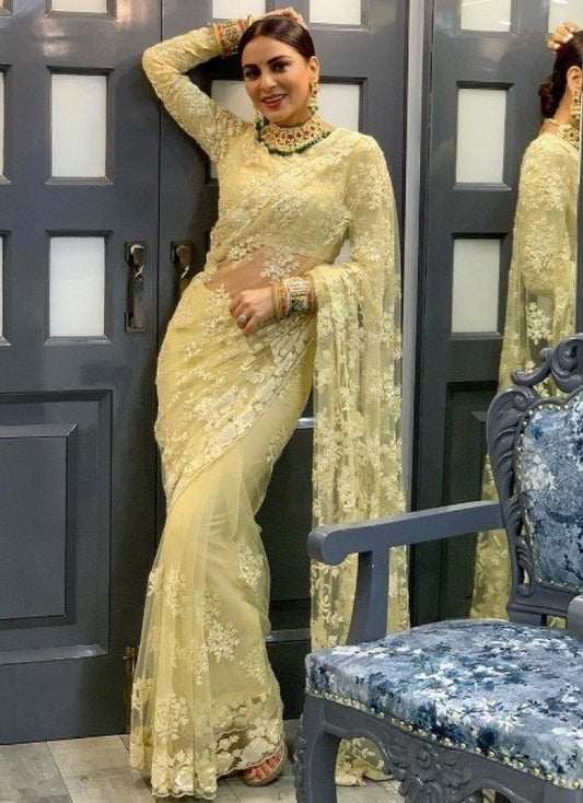 Yellow naylon mono net thread embroidered saree