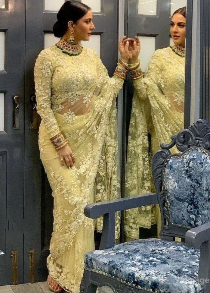 Yellow naylon mono net thread embroidered saree