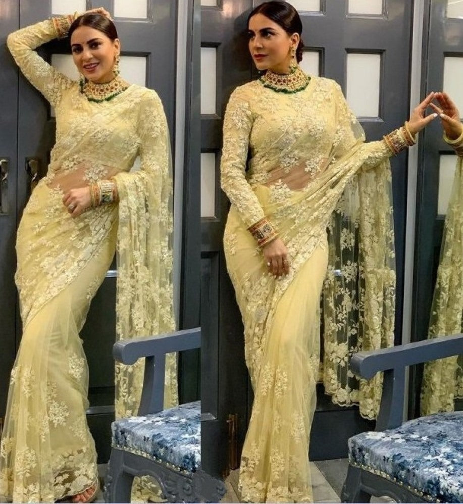 Yellow naylon mono net thread embroidered saree