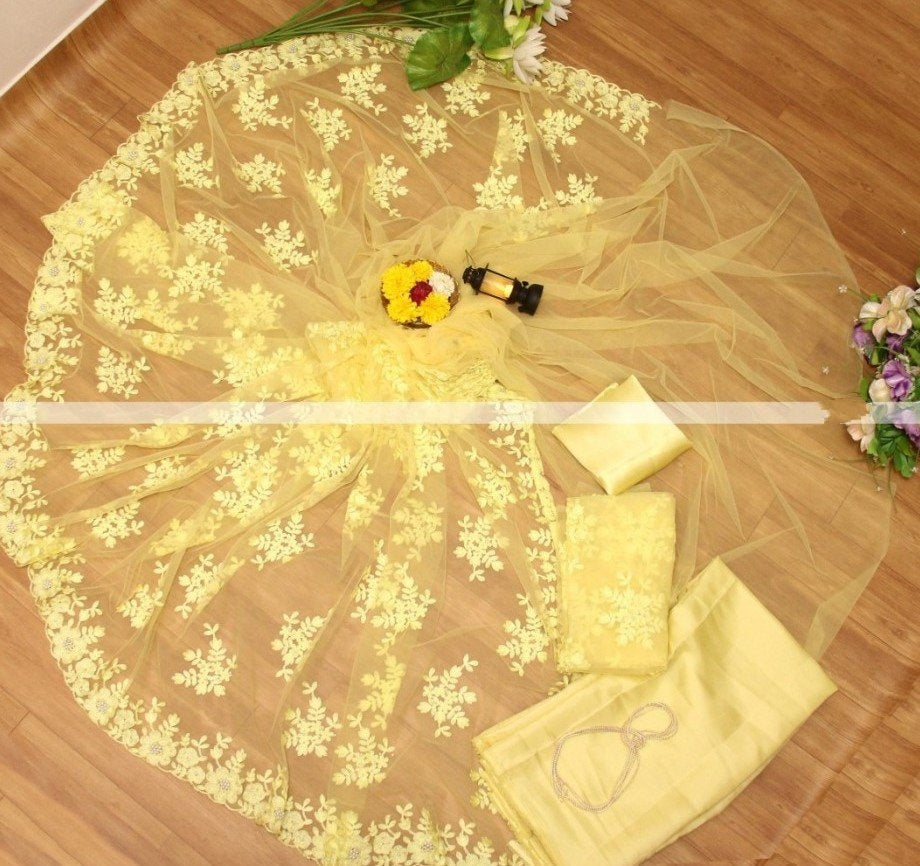 Yellow naylon mono net thread embroidered saree