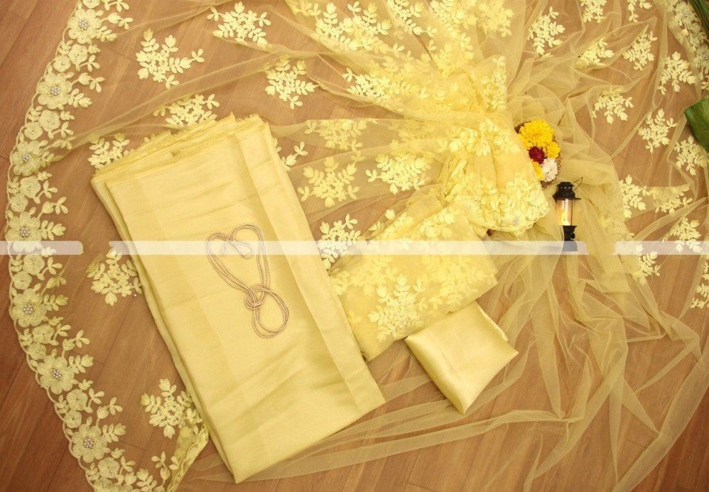 Yellow naylon mono net thread embroidered saree