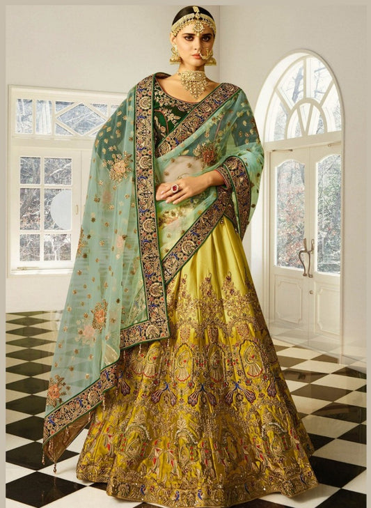 yellow naylon silk heavy designer embroidered bridal wedding lehenga
