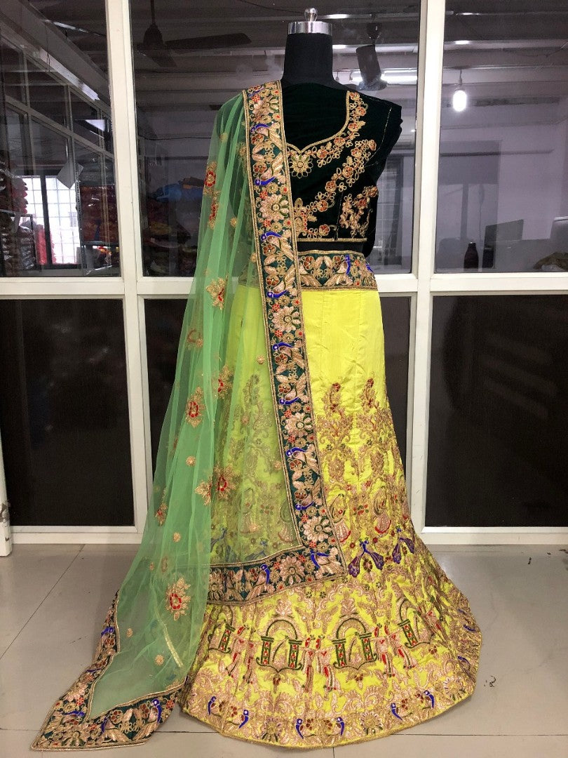 yellow naylon silk heavy designer embroidered bridal wedding lehenga
