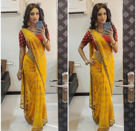 Yellow net beautiful embroidered wedding saree