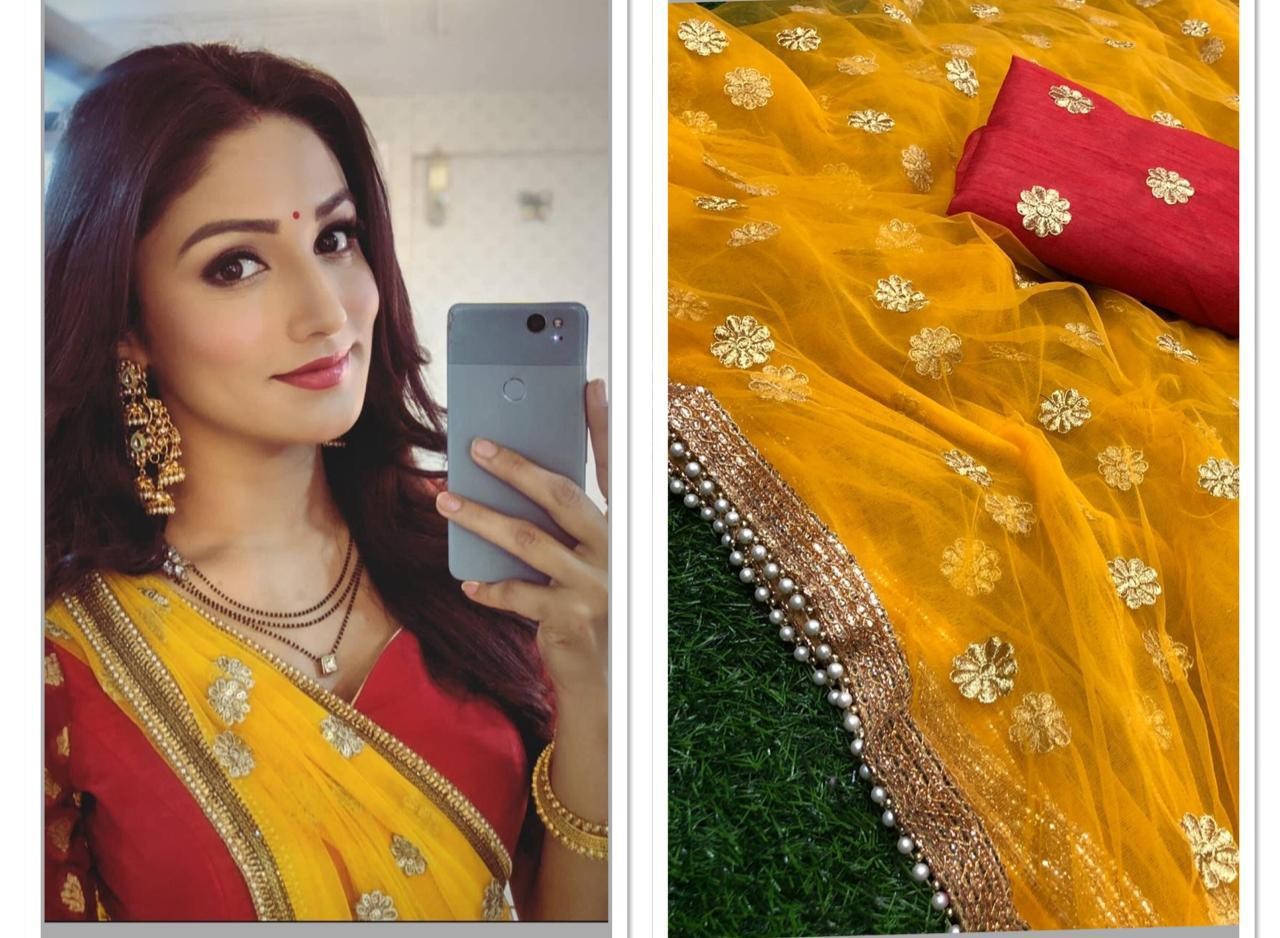Yellow net beautiful embroidered wedding saree
