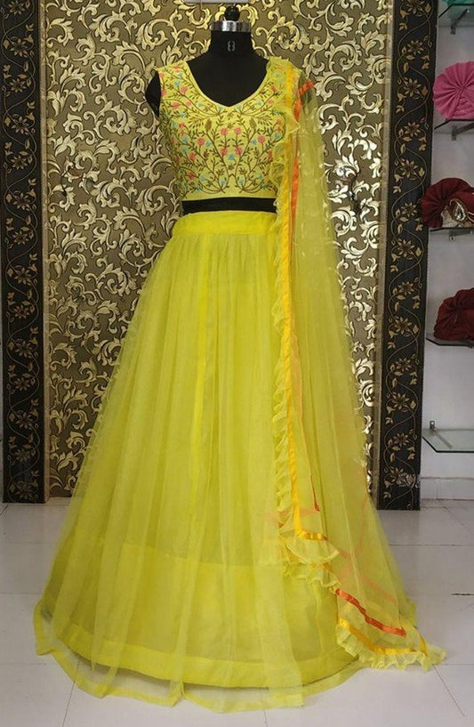 Yellow net beautiful plain festive lehenga with embroidery work blouse