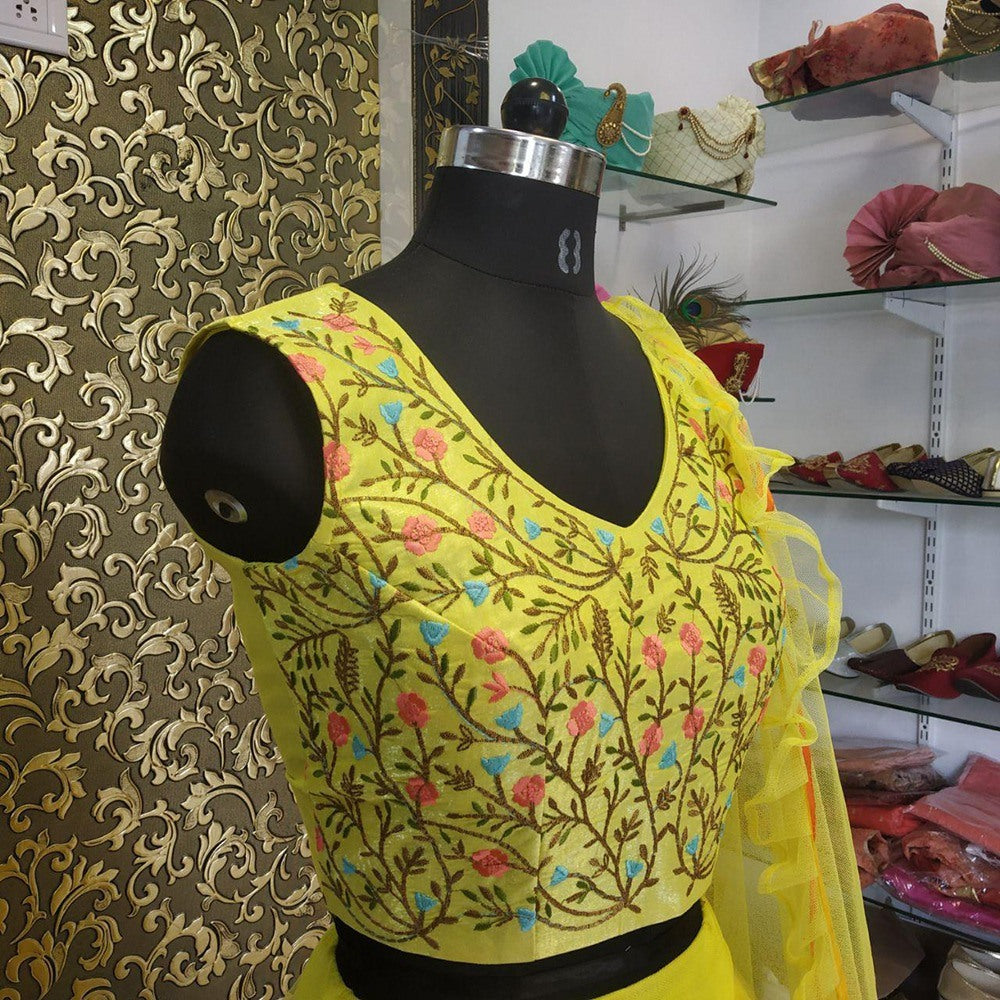 Yellow net beautiful plain festive lehenga with embroidery work blouse