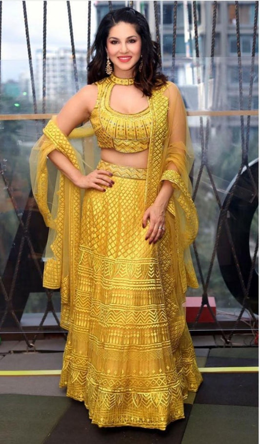 Yellow net chainstitch embroidered wedding lehenga choli