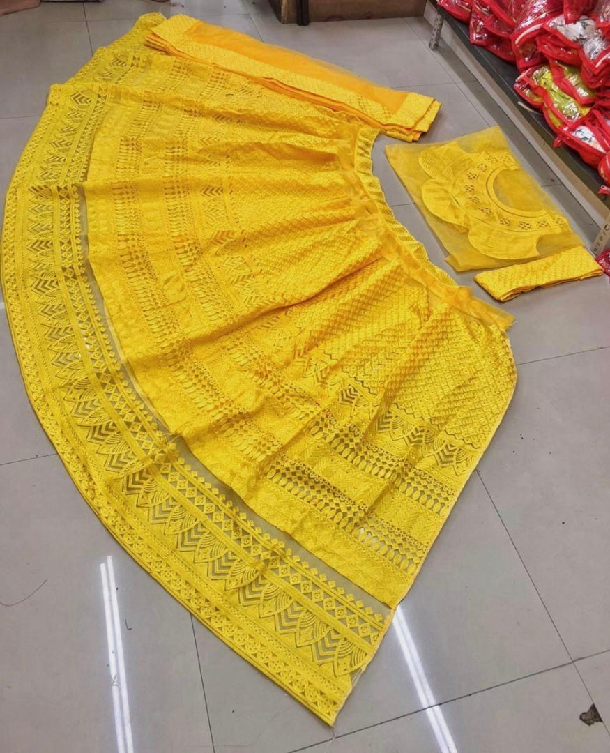 Yellow net chainstitch embroidered wedding lehenga choli