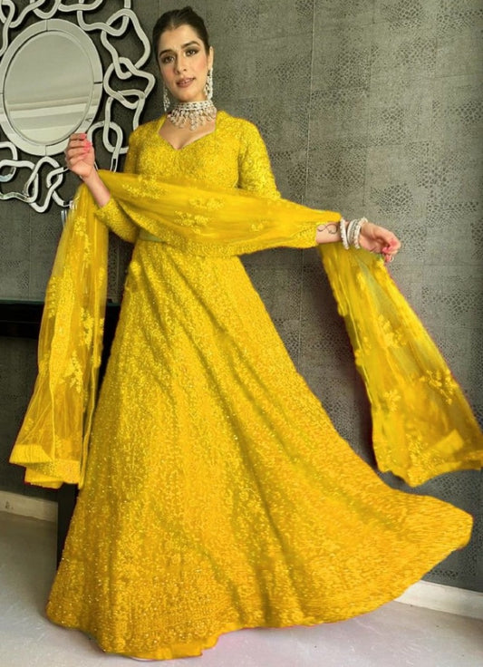 Yellow net coding heavy dori work wedding lehenga choli