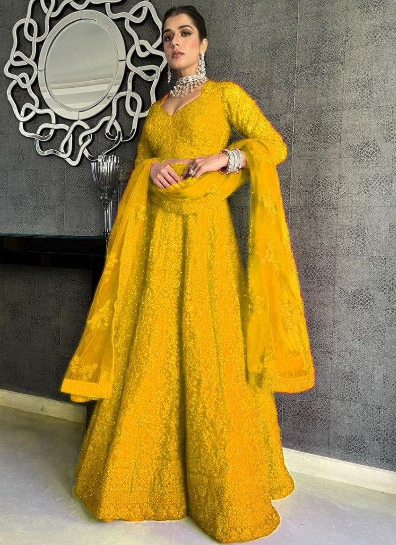 Yellow net coding heavy dori work wedding lehenga choli