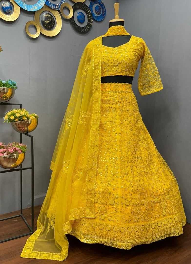 Yellow net coding heavy dori work wedding lehenga choli