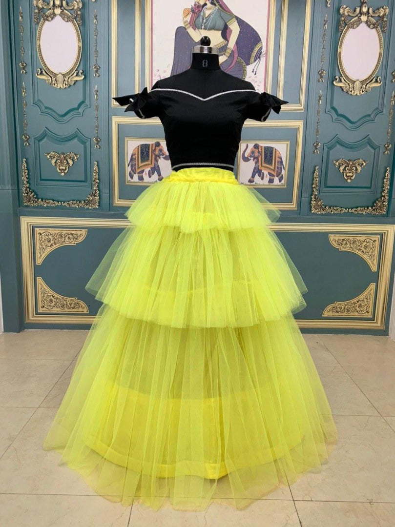 Yellow net crop top lehenga