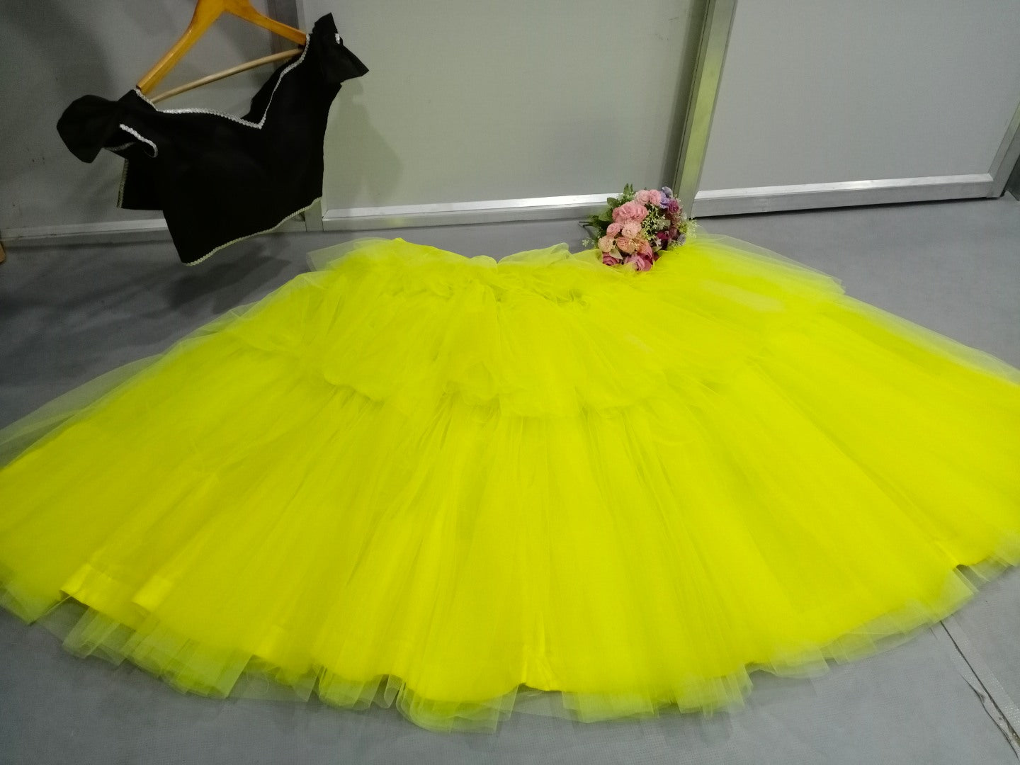 Yellow net crop top lehenga
