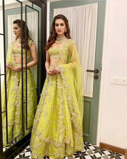 yellow net designer embroidered bollywood ceremonial lehenga choli