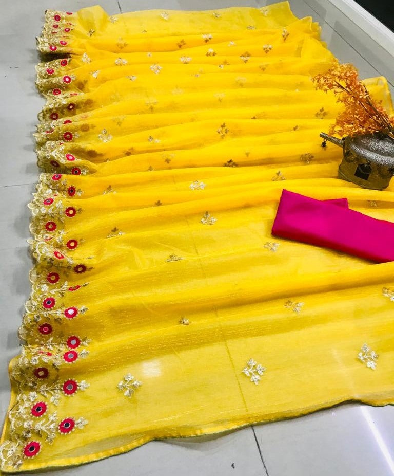 Yellow net embroidered festive saree