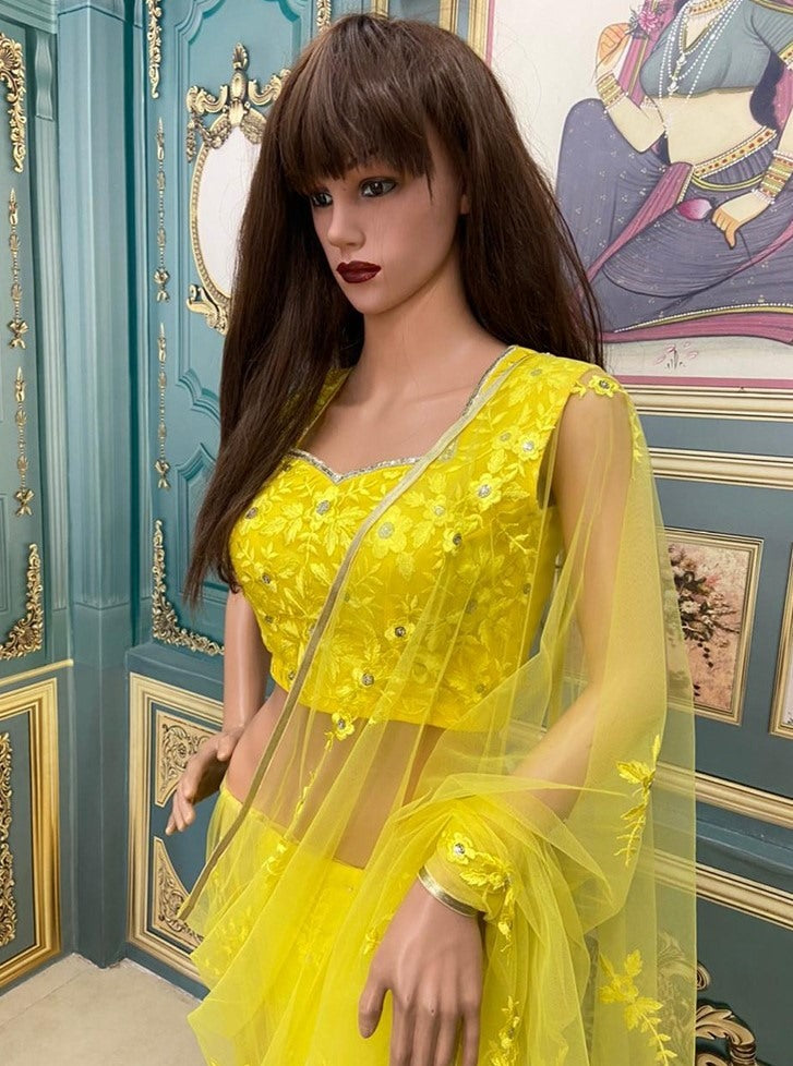 Yellow net embroidered saree