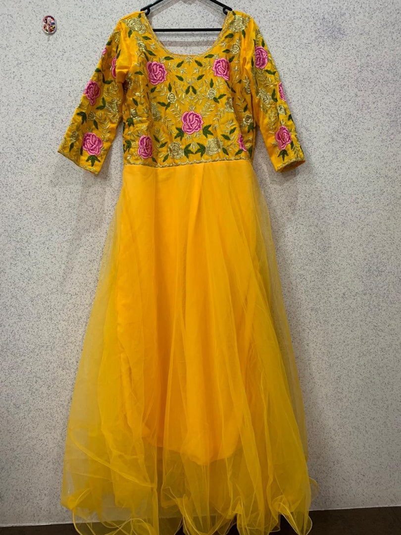 Yellow net embroidered wedding gown
