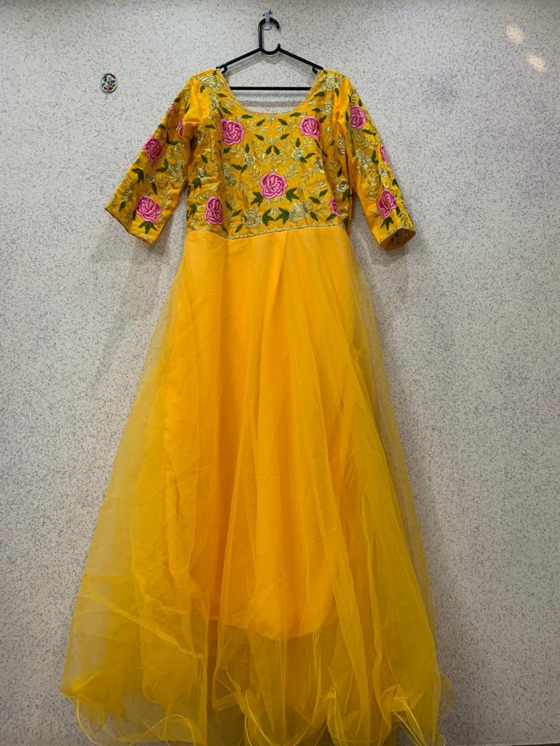 Yellow net embroidered wedding gown