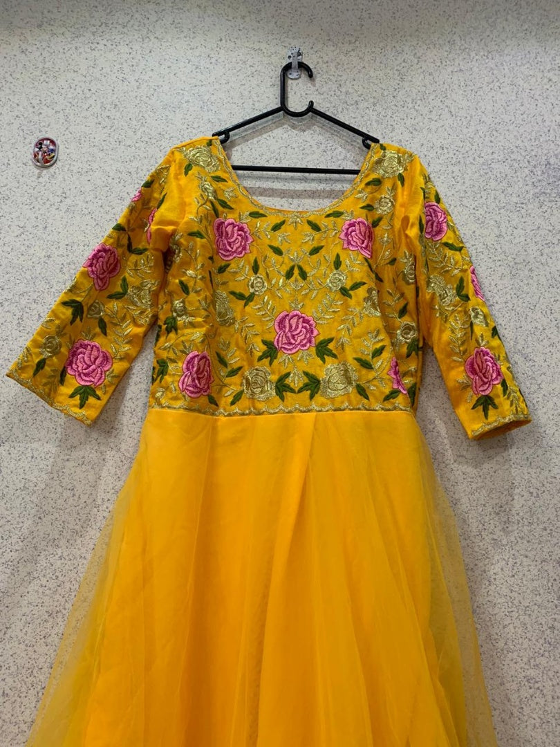 Yellow net embroidered wedding gown