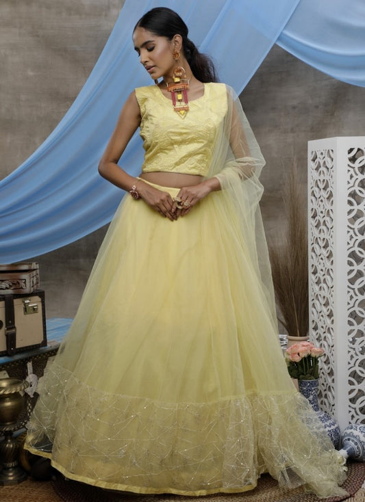 Yellow net sequence thread embroidered party wear lehenga choli