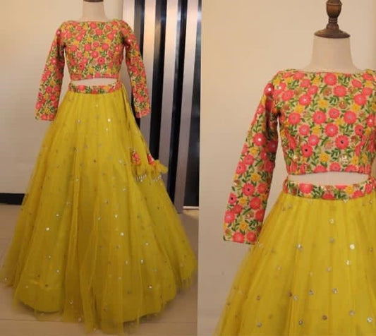 Yellow net sequence work lehenga choli