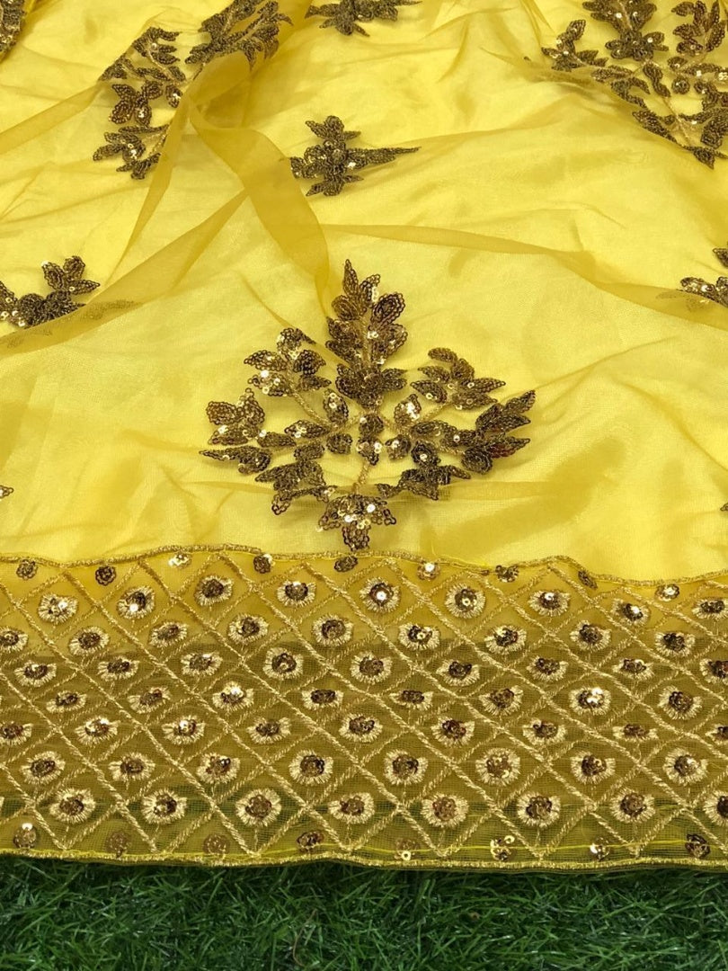 Yellow net sequence worked wedding gown with dupatta