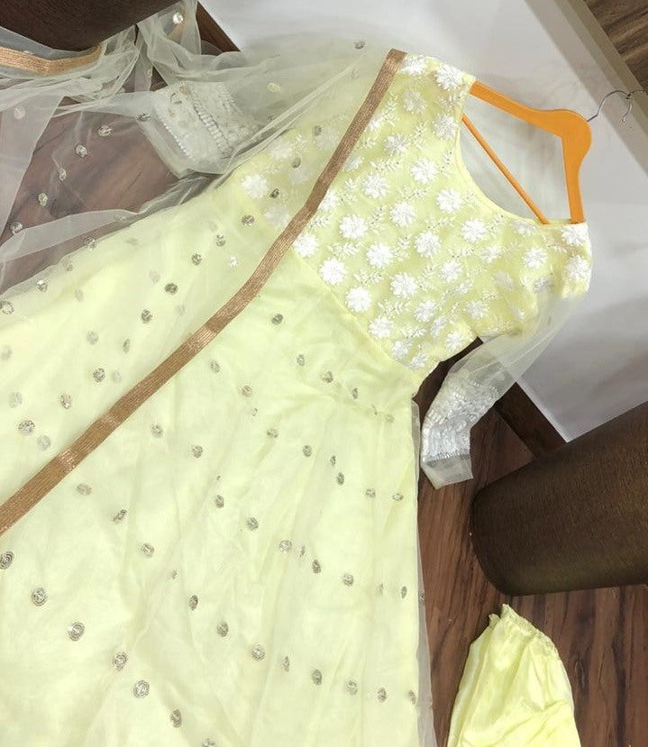 Yellow net thread embroidered anarkali suit
