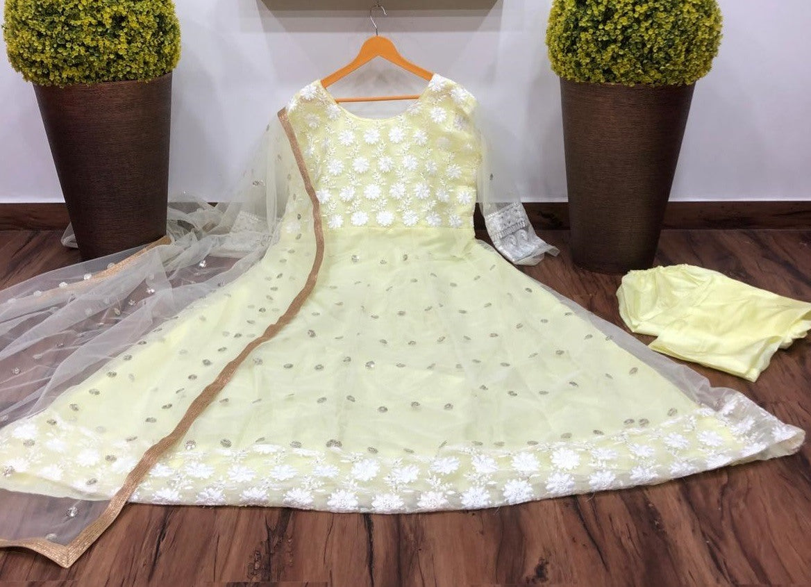 Yellow net thread embroidered anarkali suit