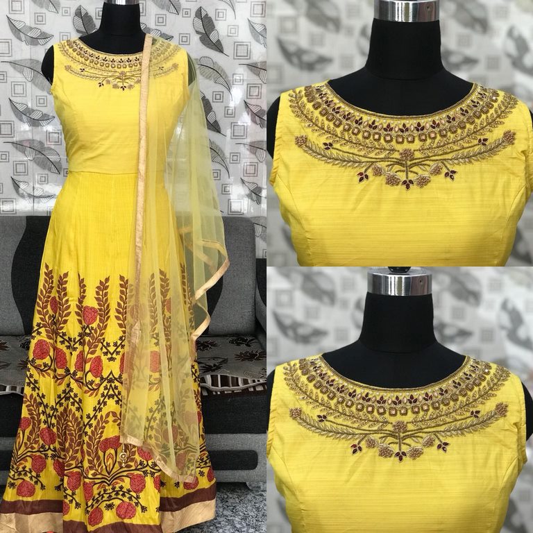 Yellow nura silk designer zardoshi worked gown style anarkali suit