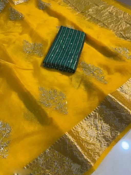 Yellow organza ceremonial saree