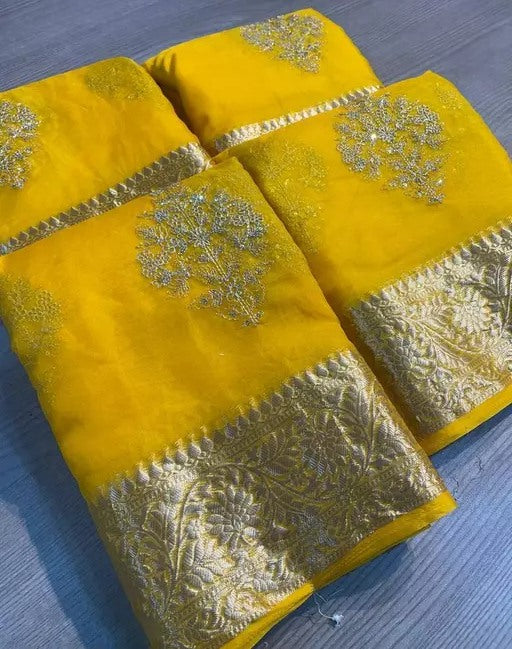 Yellow organza ceremonial saree