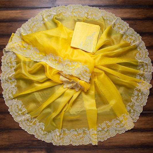 Yellow organza chainstitch work saree