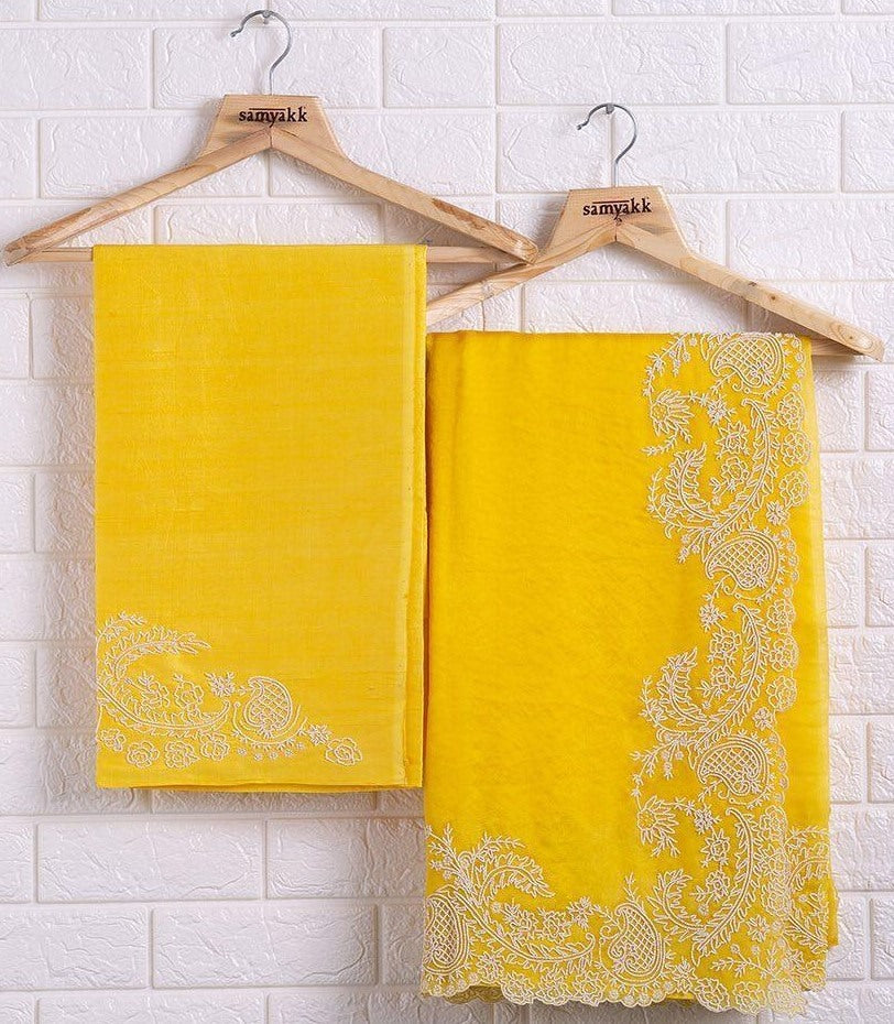 Yellow organza chainstitch work saree