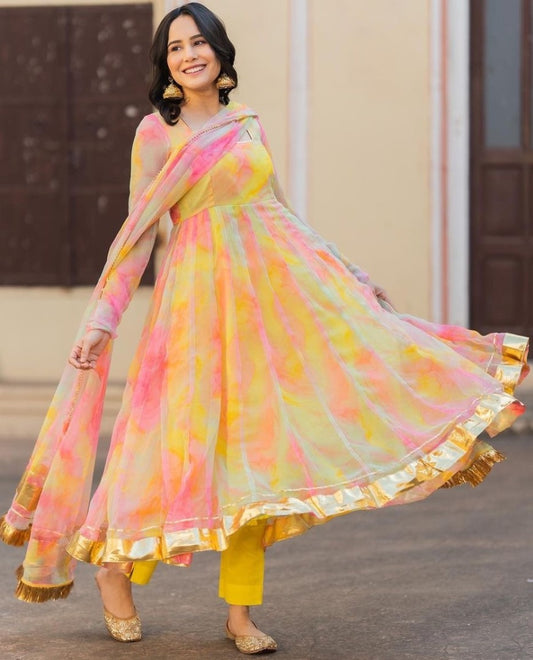 Yellow organza digital printed anarkali suit