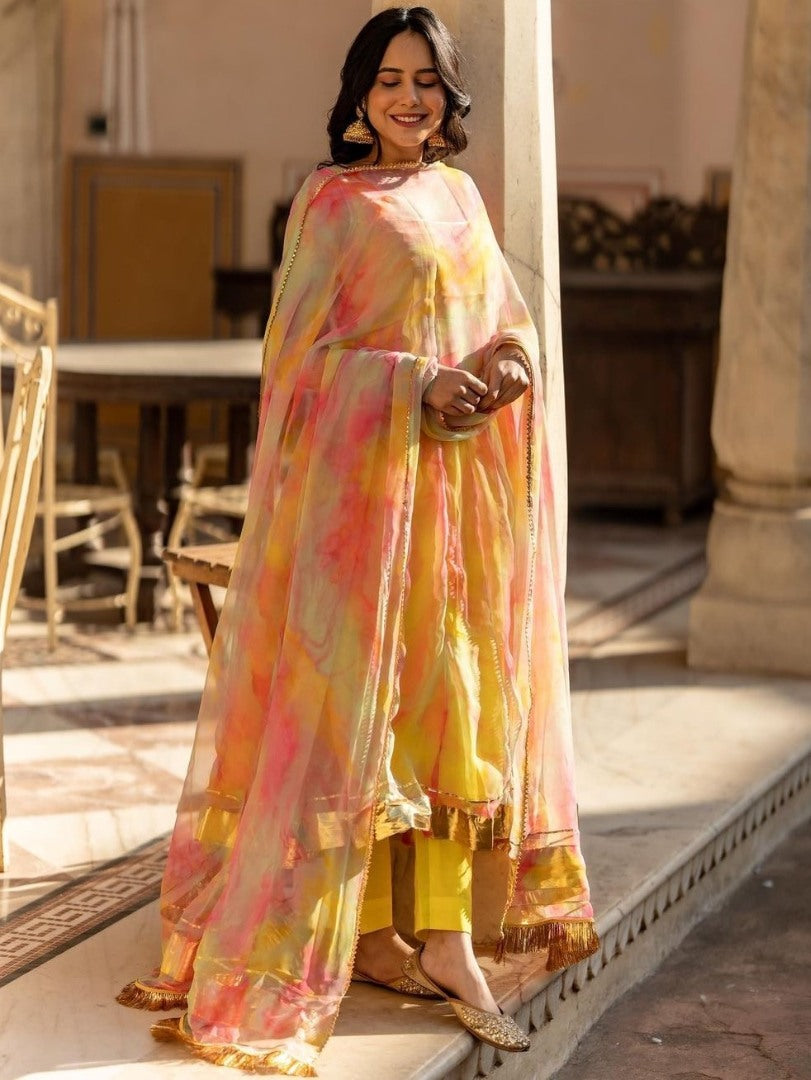 Yellow organza digital printed anarkali suit