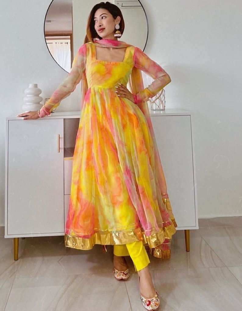Yellow organza digital printed anarkali suit