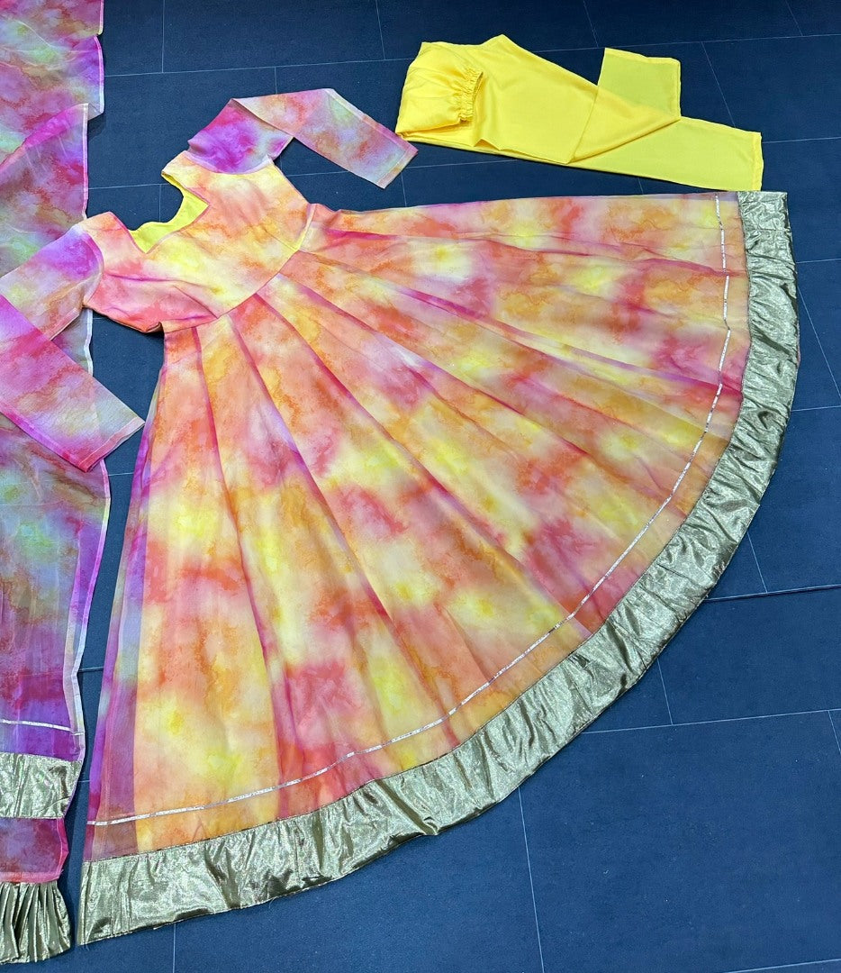 Yellow organza digital printed anarkali suit