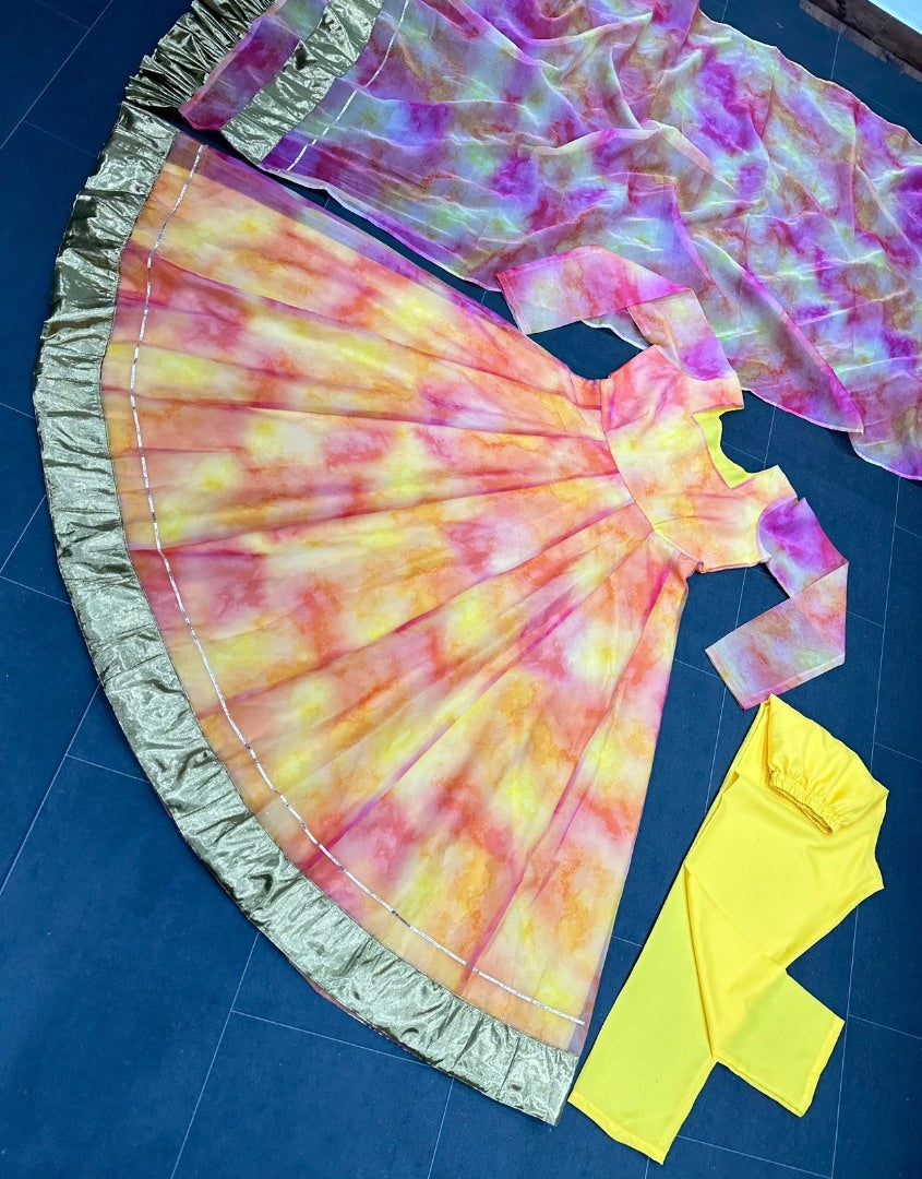 Yellow organza digital printed anarkali suit
