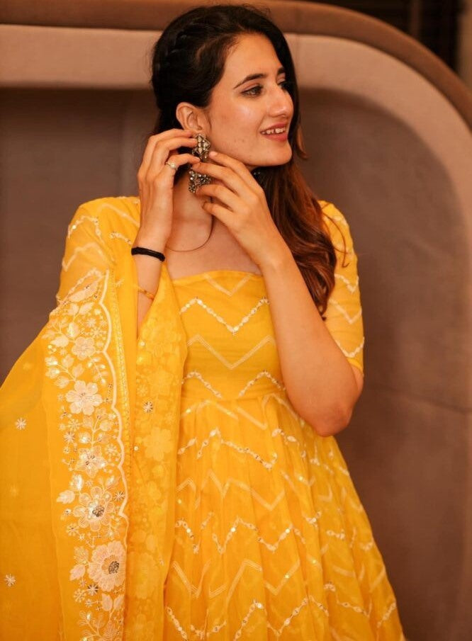 Yellow organza emboroidered anarkali suit for ceremony