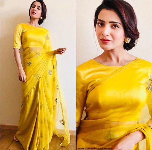 Yellow organza embroidered festival wear saree
