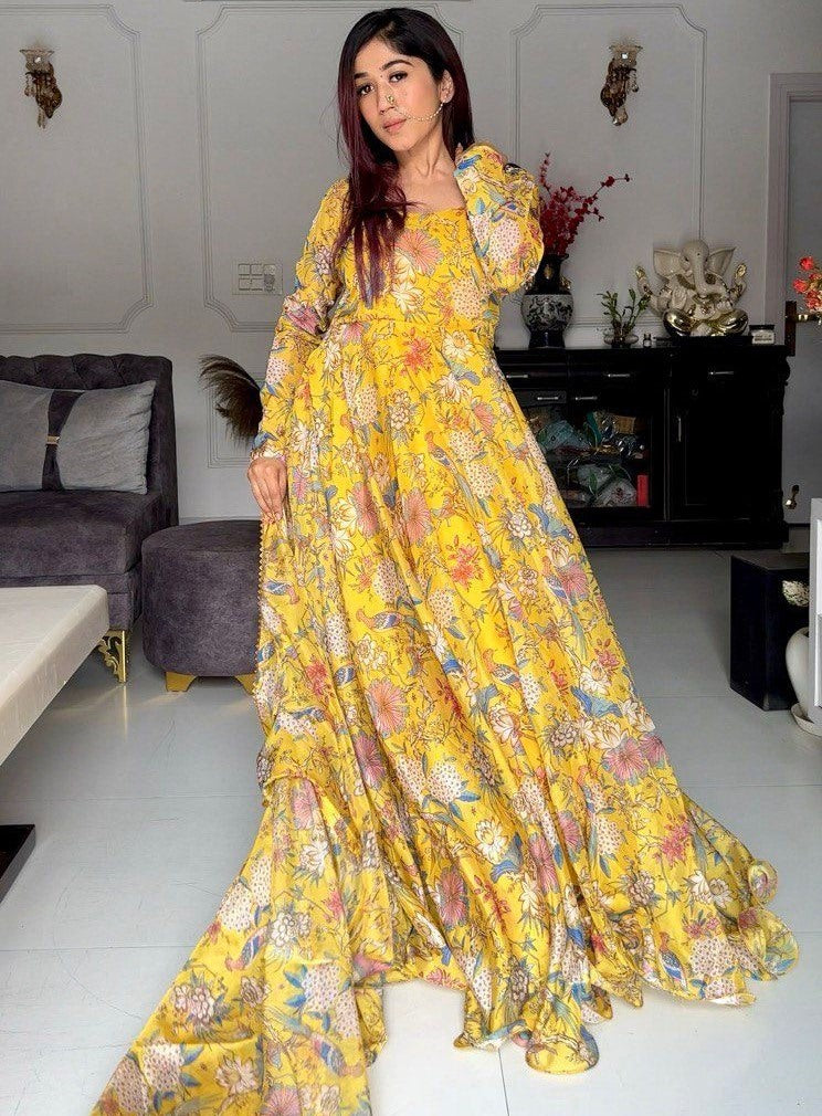 Yellow organza floral printed heavy flair anarkali gown