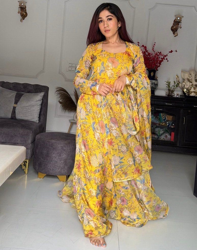 Yellow organza floral printed heavy flair anarkali gown