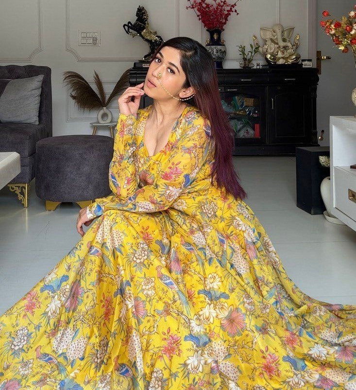 Yellow organza floral printed heavy flair anarkali gown