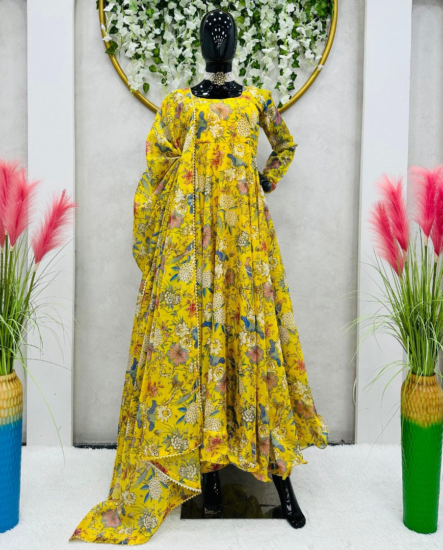 Yellow organza floral printed heavy flair anarkali gown