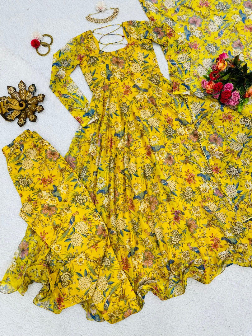 Yellow organza floral printed heavy flair anarkali gown