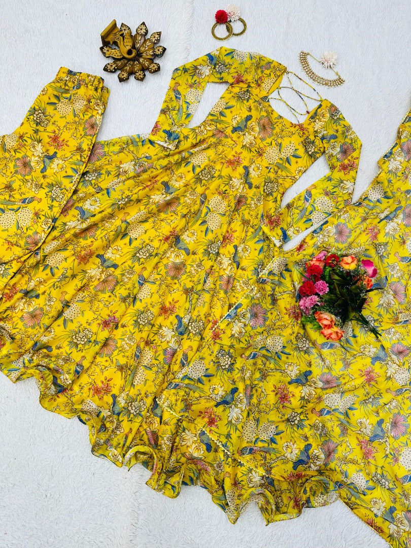 Yellow organza floral printed heavy flair anarkali gown