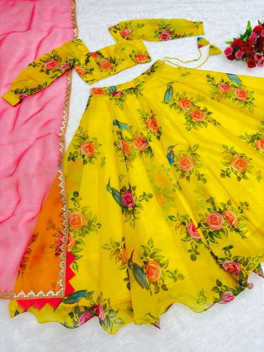Yellow organza floral printed lehenga choli for haldi ceremony